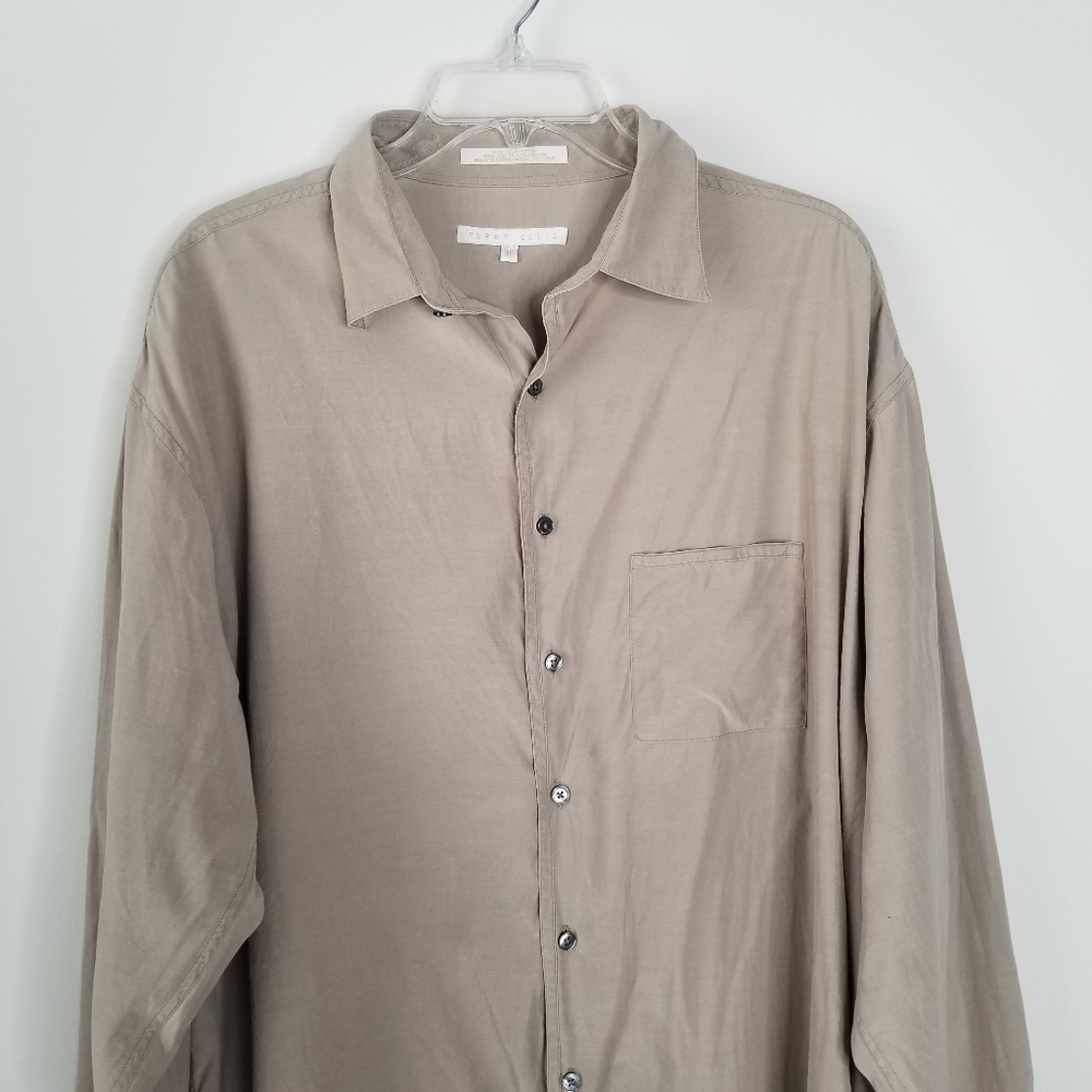 Perry Ellis Silk Blend Long Sleeve Button Down Tan/Beige Shirt Size XL - Picture 4 of 10